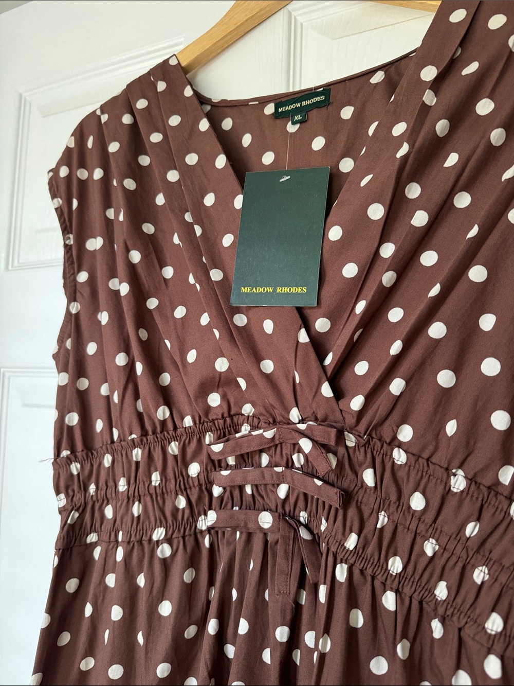 Anthropologie Brand Meadow Rhodes Brown Polka Dot Maxi Dress with V-Neck - Picture 5 of 6